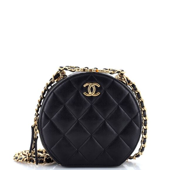 Chanel Oval Logo Chain Round Crossbody Bag Quilted Lambskin Black - Picture 1 of 7